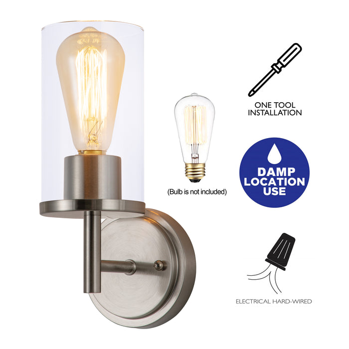 1-Light Satin Nickel Wall Sconce with Cylinder Glass(2-Pack)