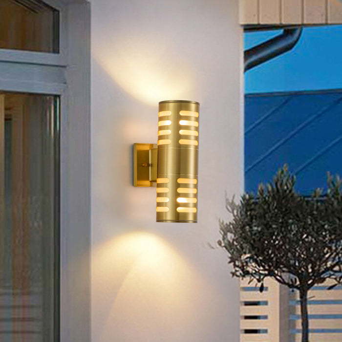 11.75 in. 2-Light Gold Finish Aluminum Cylinder Outdoor Wall Sconce