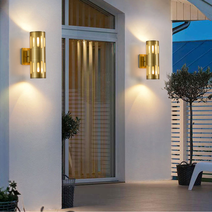 11.75 in. 2-Light Plated Gold Die-Cast Aluminum Cylinder Outdoor Wall Sconce