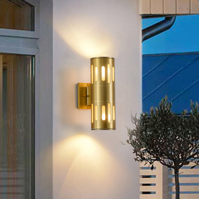 11.75 in. 2-Light Plated Gold Die-Cast Aluminum Cylinder Outdoor Wall Sconce