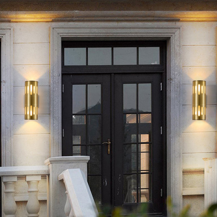 11.75 in. 2-Light Plated Gold Die-Cast Aluminum Cylinder Outdoor Wall Sconce