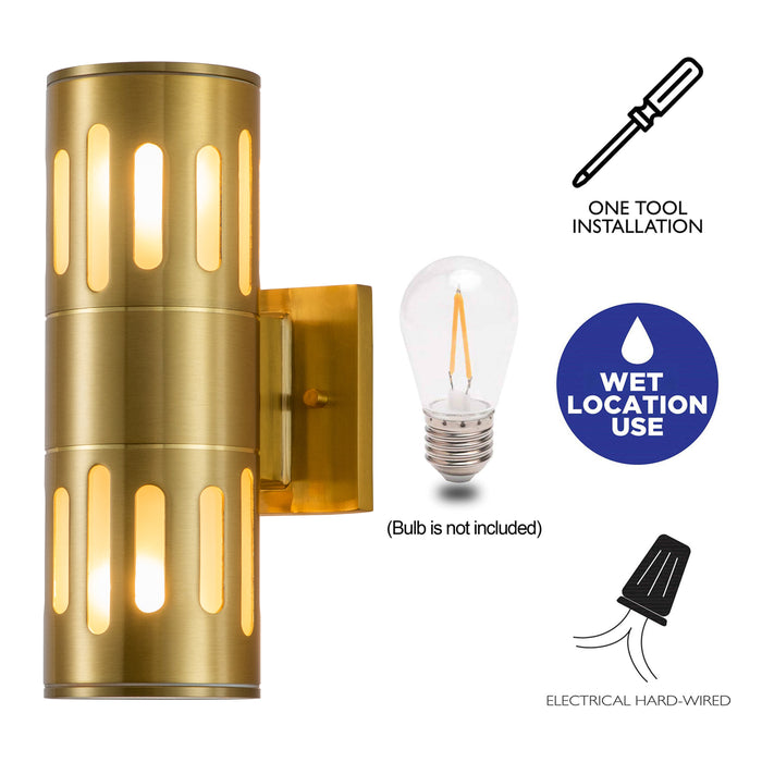 11.75 in. 2-Light Plated Gold Die-Cast Aluminum Cylinder Outdoor Wall Sconce