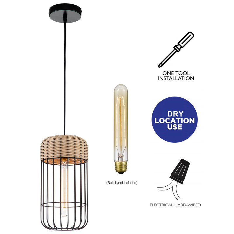 1-Light Black Finish Natural Rattan Pendant Light