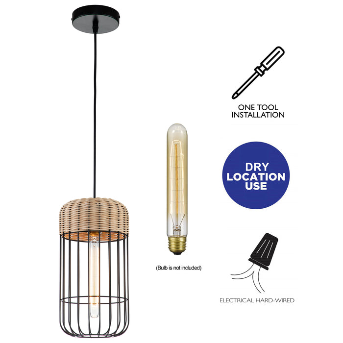 1-Light Black Finish Natural Rattan Pendant Light