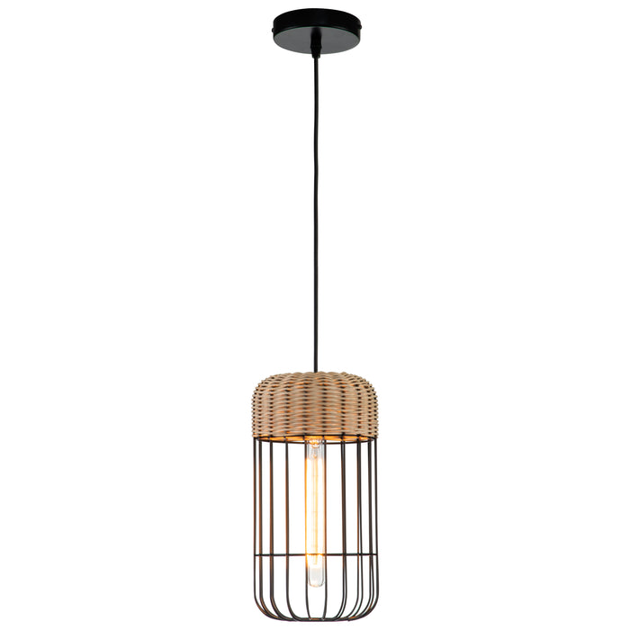 1-Light Black Finish Natural Rattan Pendant Light