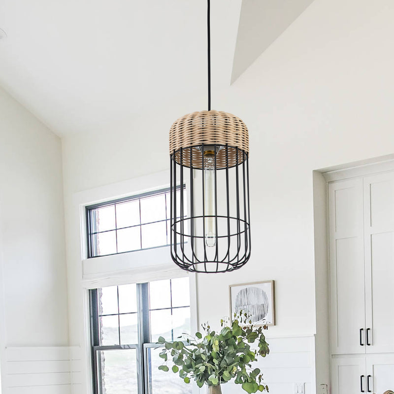 1-Light Black Finish Natural Rattan Pendant Light