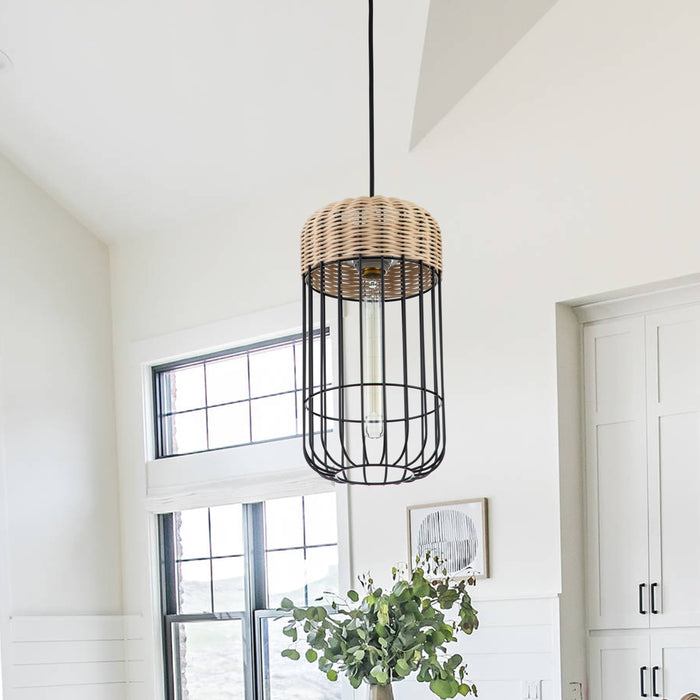 1-Light Black Finish Natural Rattan Pendant Light