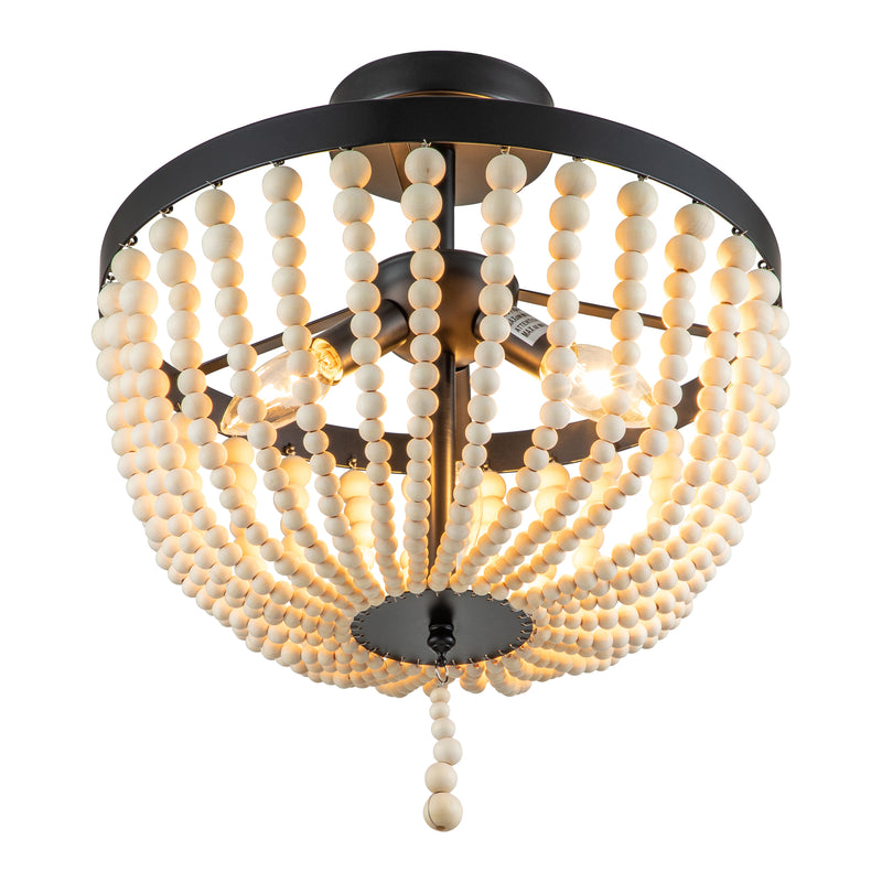 13.75 in. 3-Light Black Finish Natural Wood Beaded Semi Flush Mount
