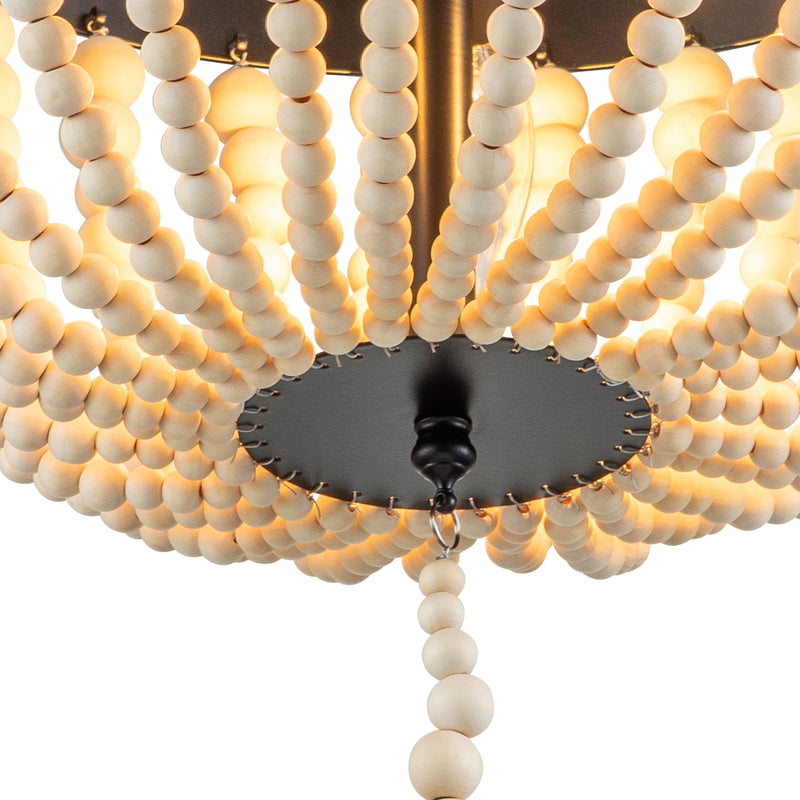13.75 in. 3-Light Black Finish Natural Wood Beaded Semi Flush Mount