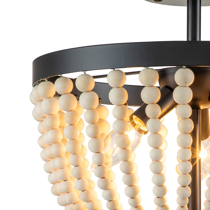 13.75 in. 3-Light Black Finish Natural Wood Beaded Semi Flush Mount