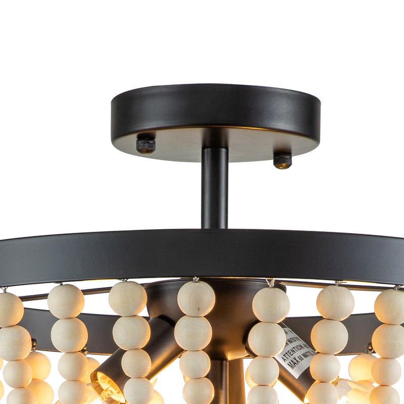13.75 in. 3-Light Black Finish Natural Wood Beaded Semi Flush Mount