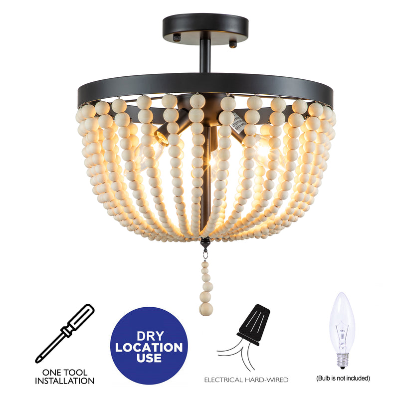 13.75 in. 3-Light Black Finish Natural Wood Beaded Semi Flush Mount