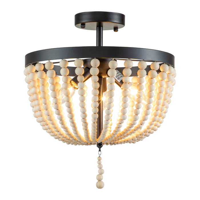 13.75 in. 3-Light Black Finish Natural Wood Beaded Semi Flush Mount