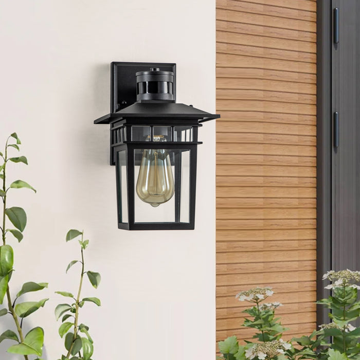 1-Light Matte Black Motion Snesing Dusk to Dawn Outdoor Wall Lantern Sconce with Clear Tempered Glass