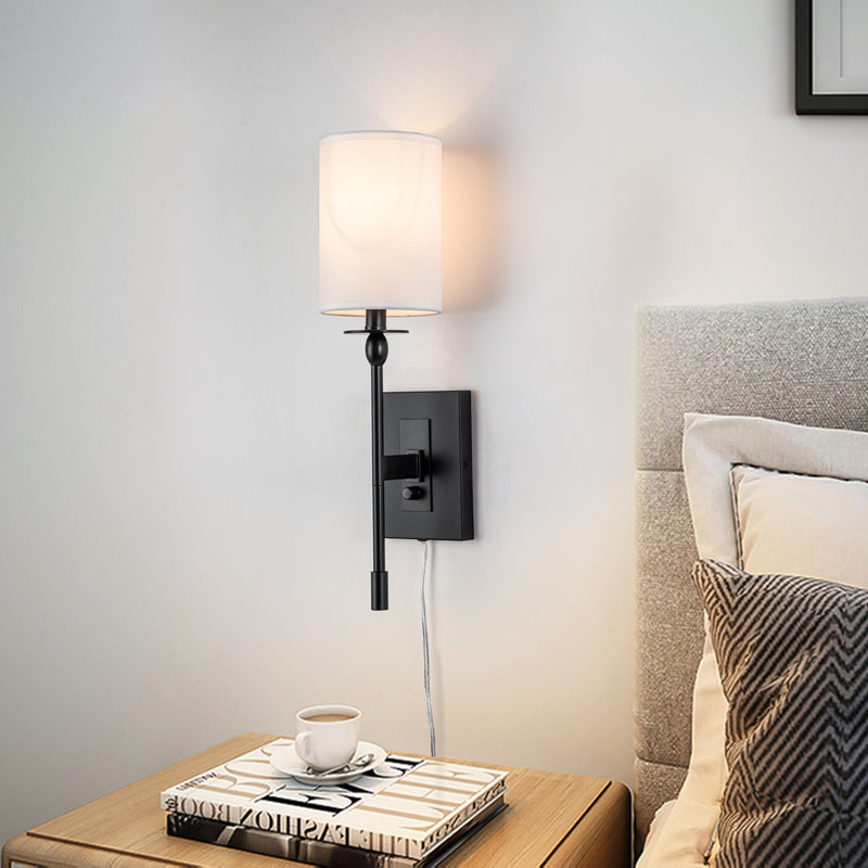 1-Light Black Hardwired and Plug-in Wall Sconce with Fabric Shade and ON-OFF switch