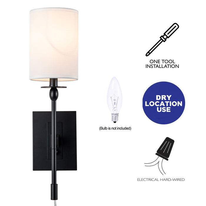 1-Light Black Hardwired and Plug-in Wall Sconce with Fabric Shade and ON-OFF switch