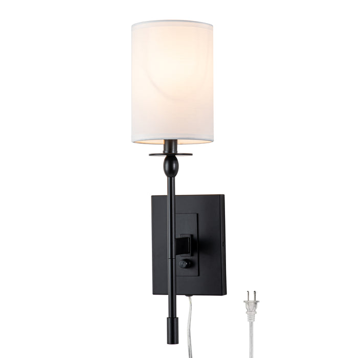 1-Light Black Hardwired and Plug-in Wall Sconce with Fabric Shade and ON-OFF switch