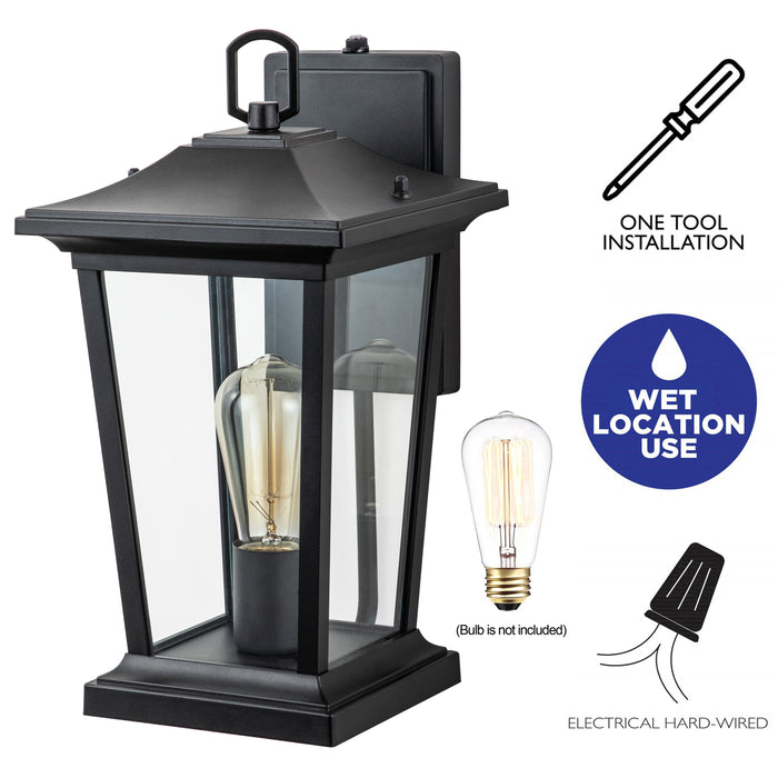 1-Light Matte Black Dusk to Dawn Outdoor Wall Light with Clear Tempered Glass