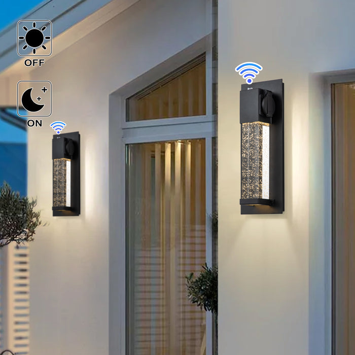 Matte Black Dusk to Dawn LED Outdoor Wall Light with Outlet and Clear Bubble Glass(2-Pack)