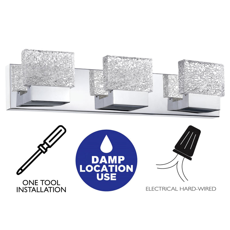 3-Light Brushed Nickel Stainless Steel LED Vanity Light with Clear Ice-like Brick Glass Shades