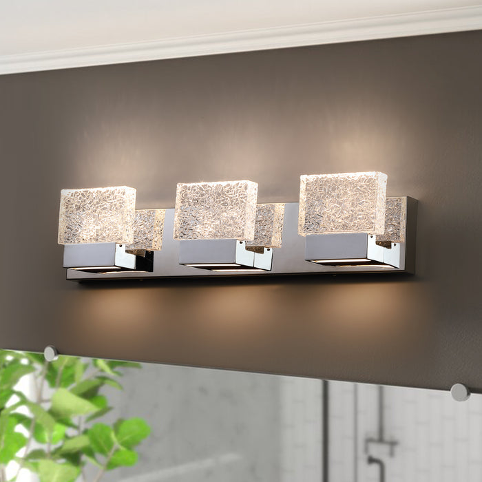 3-Light Brushed Nickel Stainless Steel LED Vanity Light with Clear Ice-like Brick Glass Shades