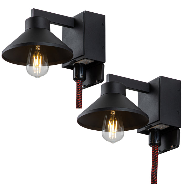 2-Pack Matte Black Outdoor Barn Light Built-In GFCI Outlets