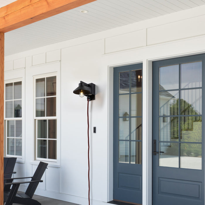 1-Light Matte Black Outdoor Barn Light Built-In GFCI Outlets