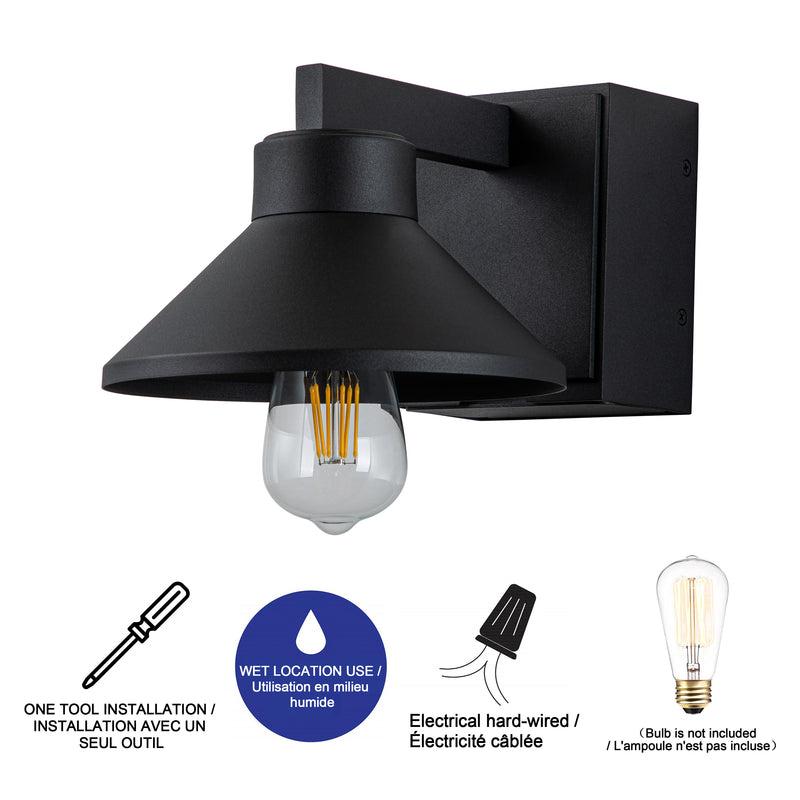 1-Light Matte Black Outdoor Barn Light Built-In GFCI Outlets