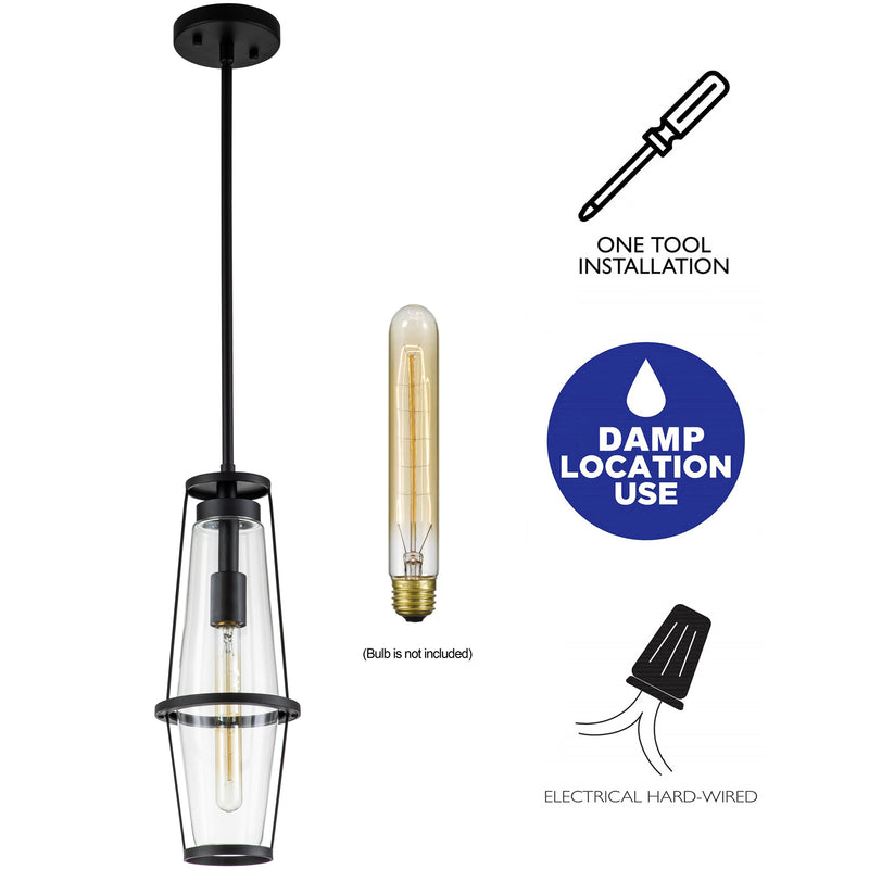 1-Light Black Pendant Light with Clear Glass Shade