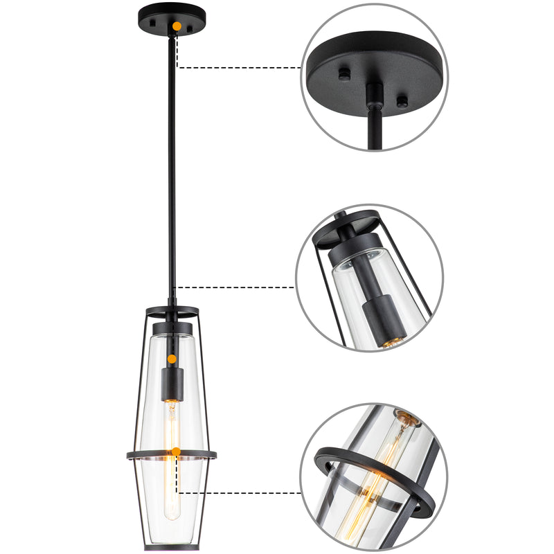 1-Light Black Pendant Light with Clear Glass Shade
