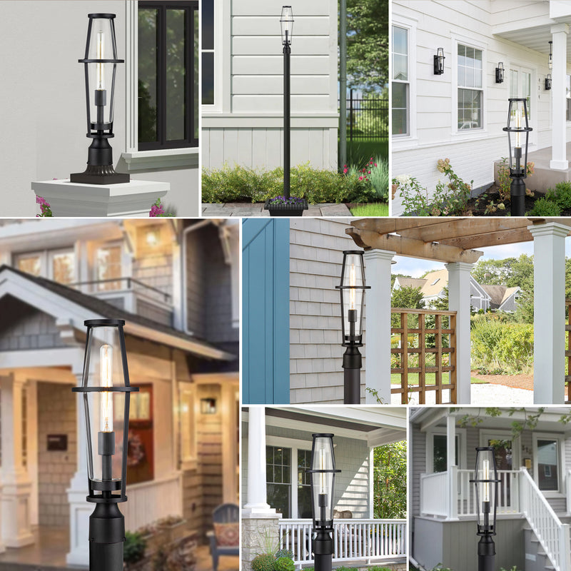 1-Light Black Outdoor Post Lantern with Clear Glass Shade