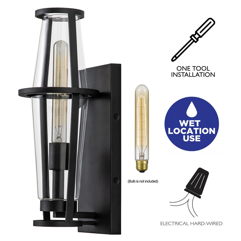 1-Light Black Outdoor Wall Sconce with Clear Glass Shade