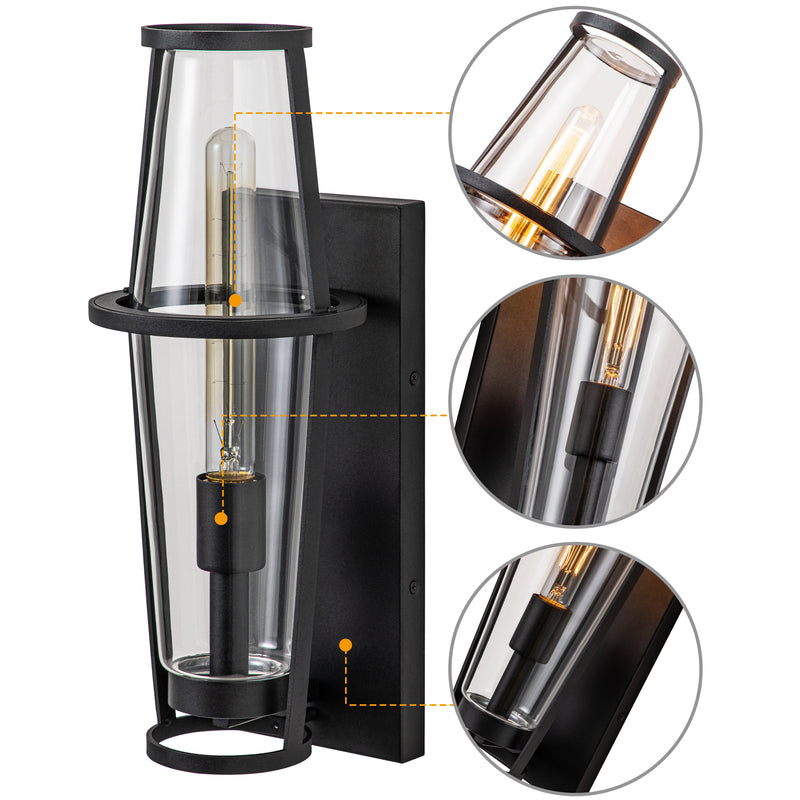 1-Light Black Outdoor Wall Sconce with Clear Glass Shade
