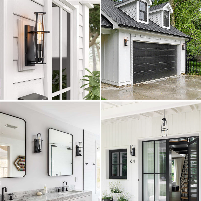 1-Light Black Outdoor Wall Sconce with Clear Glass Shade